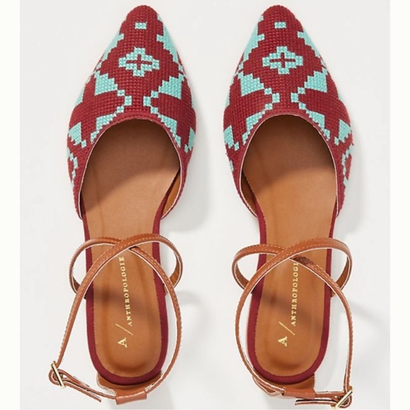 Anthropologie NWB Burgundy Turquoise Geometric Aztec Strappy Flats size 6 - Picture 2 of 11